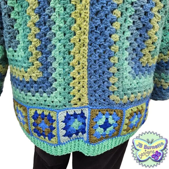 Handmade Oversize Crochet Cardigan Green Blue Warm Sweater, BOHO Granny Squares - Picture 7 of 15